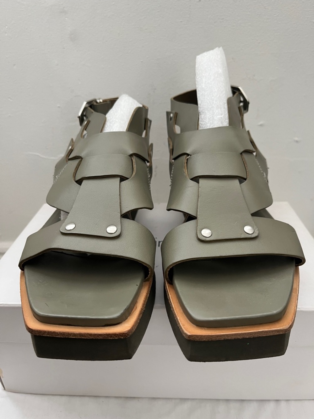 Vic Matie Olive Green Strappy Square-Toe Sandals with Rivet Detail